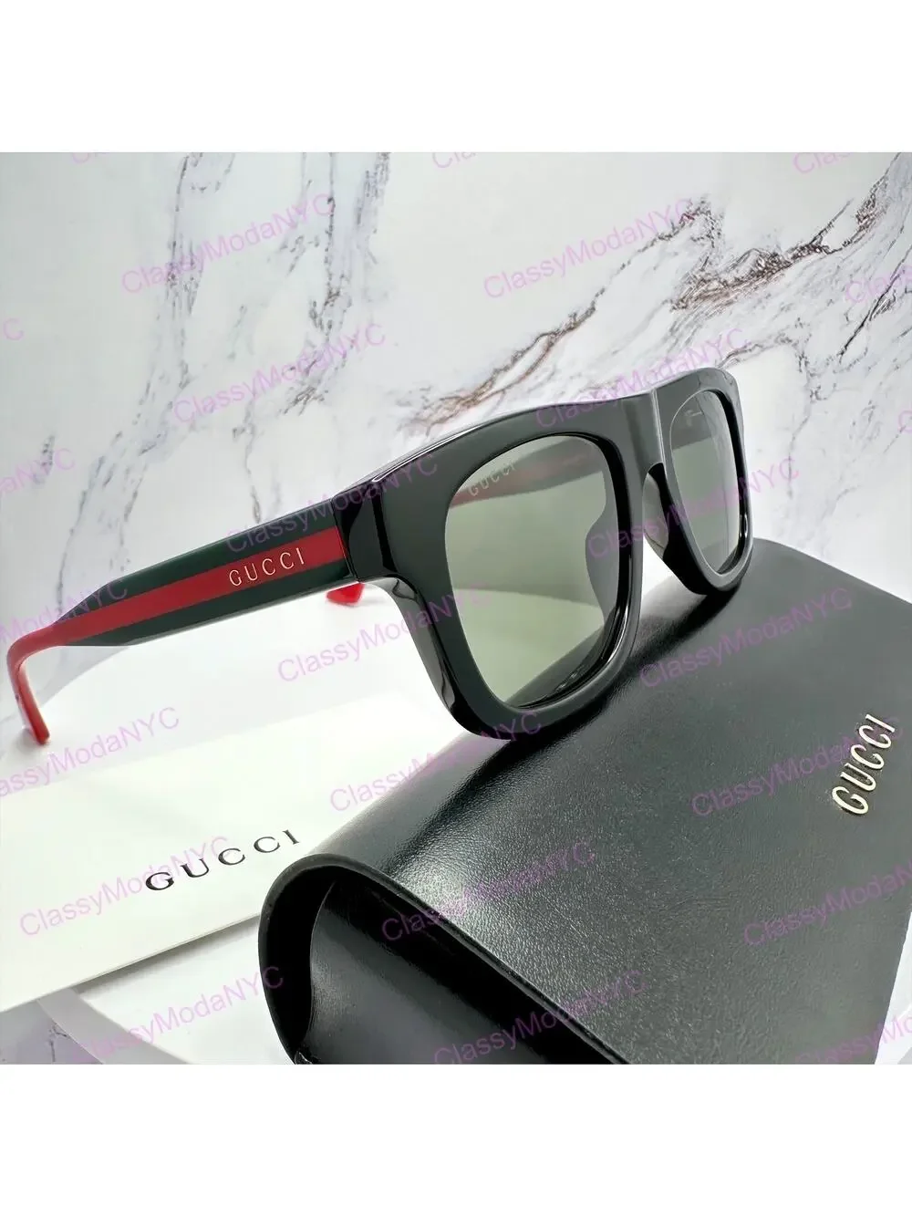 New GUCCI Sunglasses Mens 52mm Black Square Rectangle Aviator Red Green Web Arm